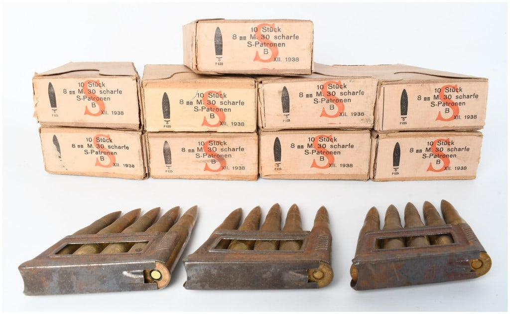 German Military M.30 Ammunition 105 Rounds 8x56mmR 1938-1939: A lot of 105 rounds of German military ammunition, specifically the 8mm M.30 (8x56mmR) cartridge designed for use in Steyr-Mannlicher rifles. This group includes nine individual cardboard boxes, each 