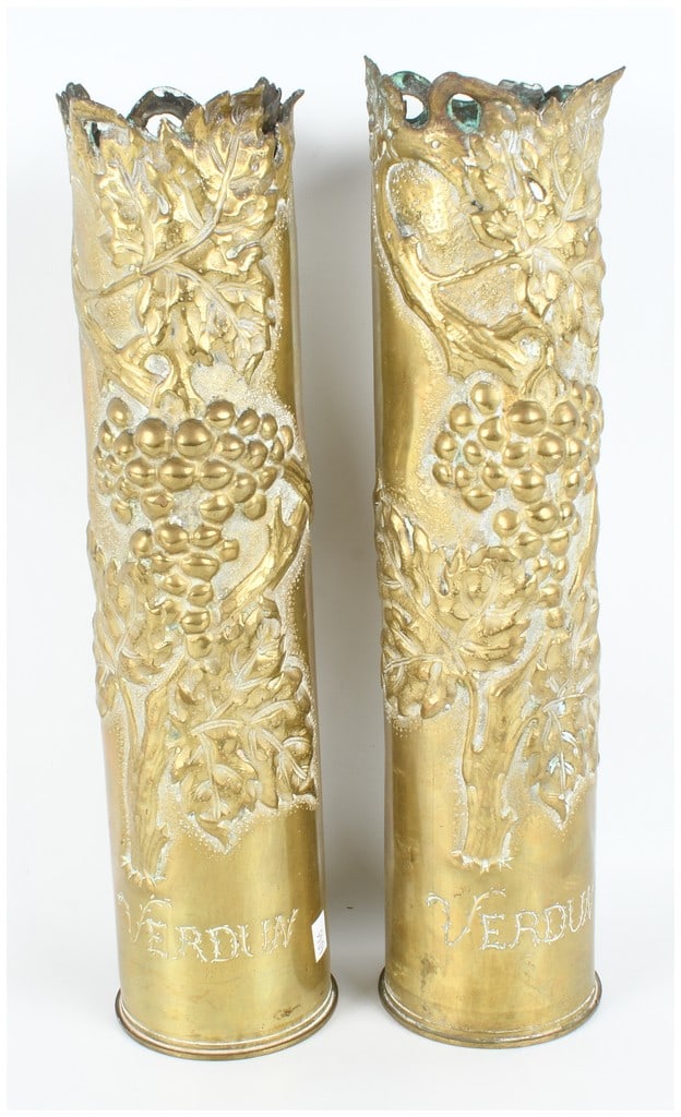 A Pair of French World War I Brass Trench Art Artillery Shell Vases Inscribed Verdun (1 of 5)