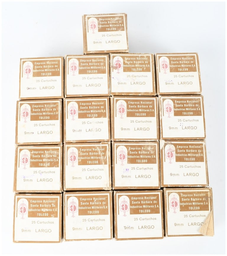 A Lot of 425 Rounds of Santa Barbara 9mm Largo Ammunition: This lot consists of 425 rounds of 9mm Largo centerfire ammunition manufactured by the Spanish state arsenal Empresa Nacional Santa Barbara in Toledo. The ammunition is organized into 17 cardboard box