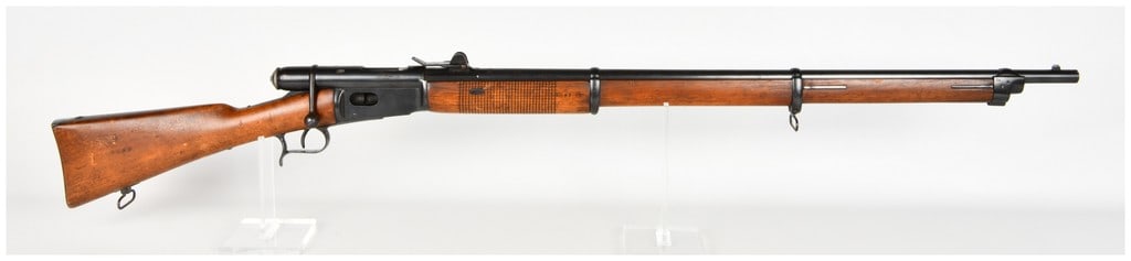 Valentin Sauerbrey Swiss Vetterli Model 1878 Bolt Action Repeating Rifle 10.4x38mm Rimfire with 33: This single bolt action repeating rifle is chambered for the 10.4x38mm Rimfire cartridge, commonly known as .41 Swiss, and is based on the Swiss military Vetterli Model 1878 design. It features a tubu