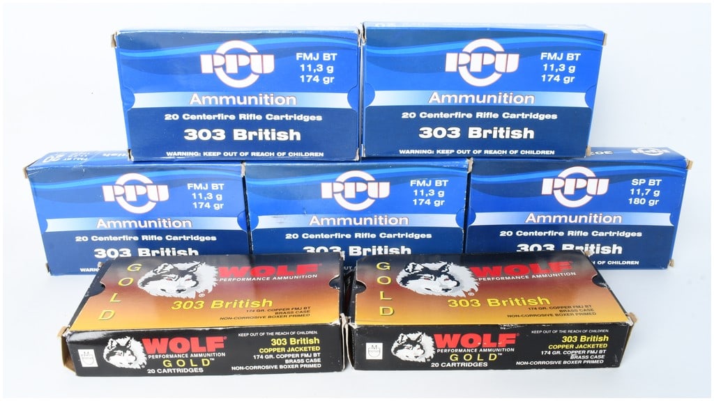 A Lot of 140 Rounds of Prvi Partizan and Wolf Gold .303 British Ammunition: This lot consists of a total of 140 rounds of factory-loaded .303 British centerfire rifle ammunition, divided into seven individual boxes containing 20 cartridges each. The collection includes five b