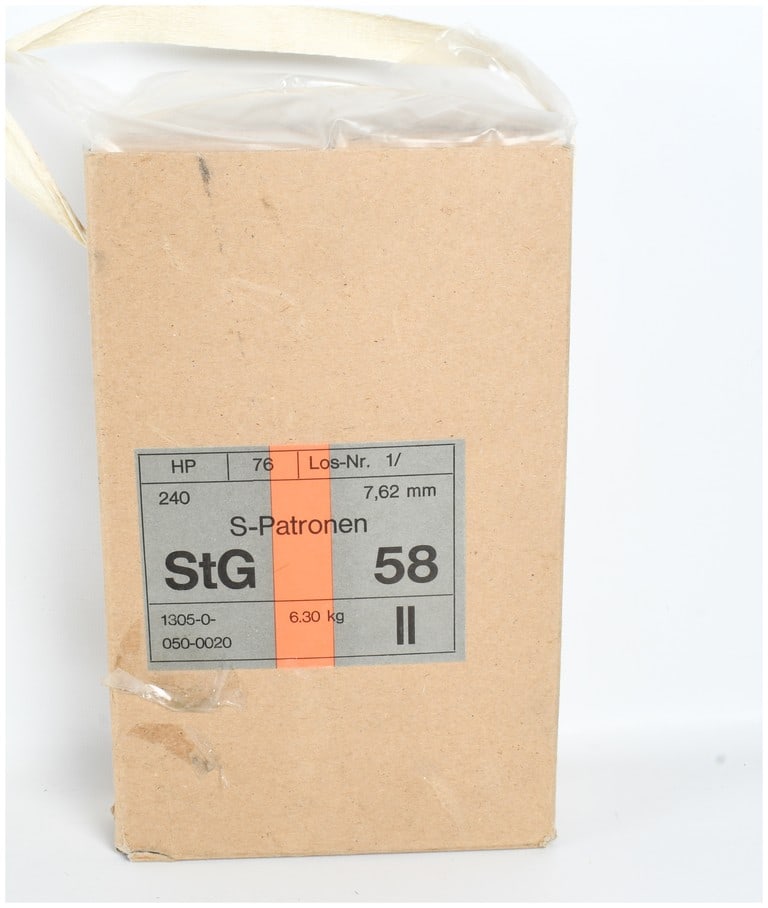 A Lot of 240 Rounds of Hirtenberger StG 58 7.62x51mm NATO Ammunition: This lot consists of 240 rounds of Austrian military surplus 7.62x51mm NATO ammunition manufactured by Hirtenberger for use with the StG 58 battle rifle. The ammunition is identified as S-Patronen, si