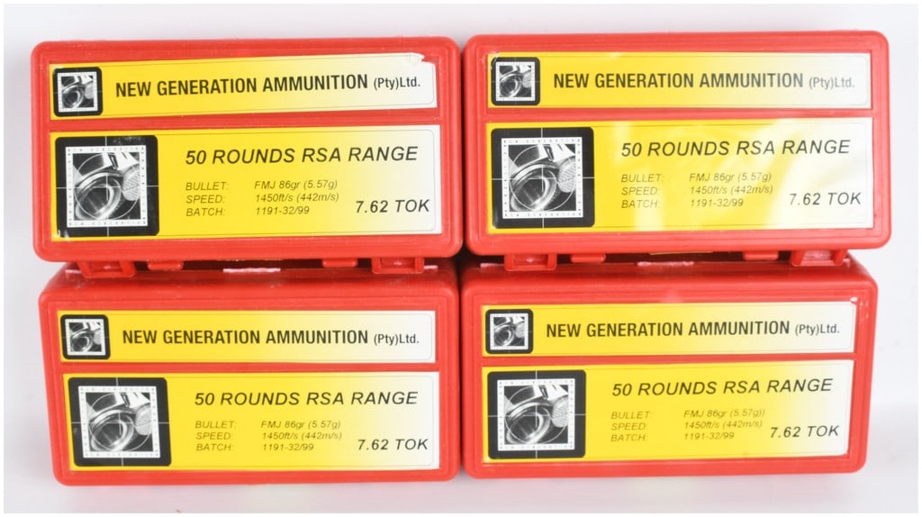 A Lot of 200 Rounds of New Generation Ammunition RSA Range 7.62 Tokarev Ammunition: A collection of 200 rounds of 7.62x25mm Tokarev centerfire handgun ammunition produced by New Generation Ammunition (Pty) Ltd. as part of their RSA Range line. The lot is comprised of four red plastic