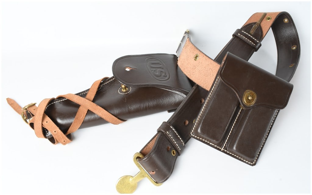 Three replica US Army leather equipment items including an officer-style belt, M1911 holster, and (1 of 6)