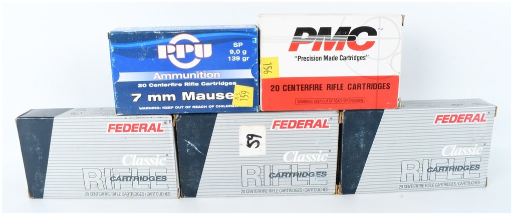 A Lot of 97 Rounds of 7mm Mauser Centerfire Rifle Ammunition: This lot consists of a collection of 97 rounds of 7mm Mauser centerfire rifle ammunition produced by PPU, PMC, and Federal. The group includes one 20-round box of PPU ammunition featuring 139-grain so