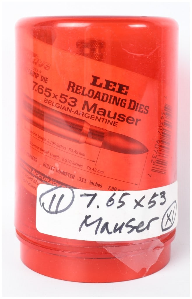 Lee Precision Trio of Reloading Dies 7.65x53 Mauser: A trio of Lee Precision reloading dies chambered for the 7.65x53 Mauser (Belgian-Argentine) cartridge. This set includes a full-length sizing die, a bullet seating die, and a factory crimp die, all de