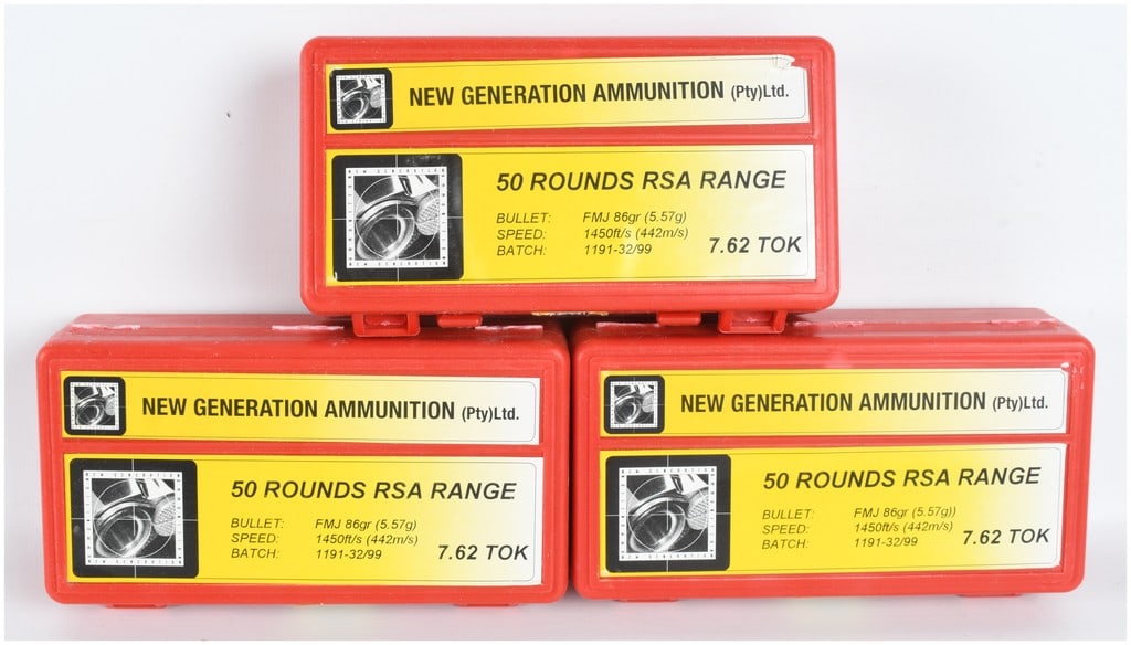 A Trio of New Generation Ammunition RSA Range 7.62 Tokarev 86 Grain FMJ 50-Round Boxes: This lot consists of 150 rounds of 7.62x25mm Tokarev ammunition manufactured by New Generation Ammunition (Pty) Ltd. of South Africa. The ammunition is divided into three red plastic flip-top boxes, e