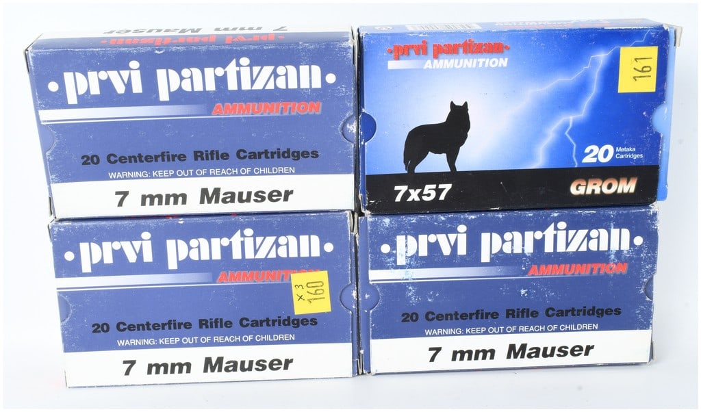 A Lot of 80 Rounds of Prvi Partizan 7mm Mauser Centerfire Rifle Ammunition: This lot consists of 80 rounds of Prvi Partizan centerfire rifle ammunition chambered in 7mm Mauser, also designated as 7x57mm. The collection includes three boxes of 20 rounds each, loaded with 9.0 g