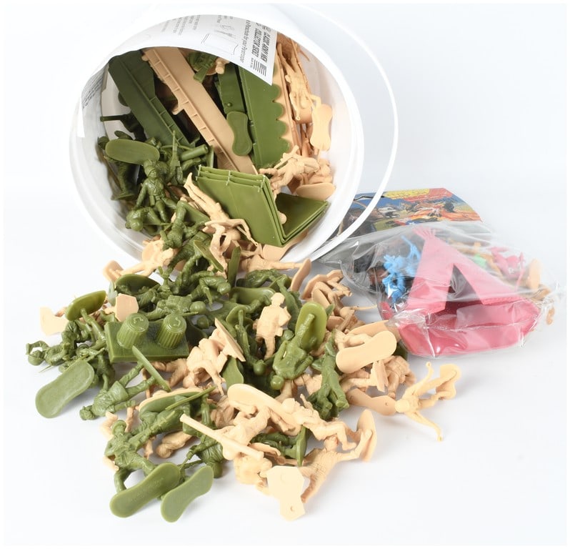 A Collection of Plastic Toy Figures and Accessories by BMC Toys and Hing Fat: This lot features a collection of plastic toy figures and accessories from two different manufacturers, covering military and western themes. The first part of the collection is a BMC Toys Classic Arm