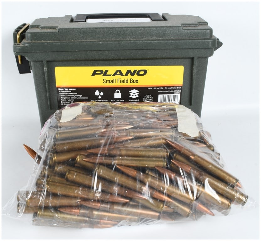 A Lot of 250 Rounds of M2 Ball .30-06 Springfield Ammunition: This lot consists of 250 rounds of M2 Ball .30-06 Springfield caliber rifle ammunition contained within a green polymer Plano Small Field Box. The ammunition is loose-packed within a clear plastic bag