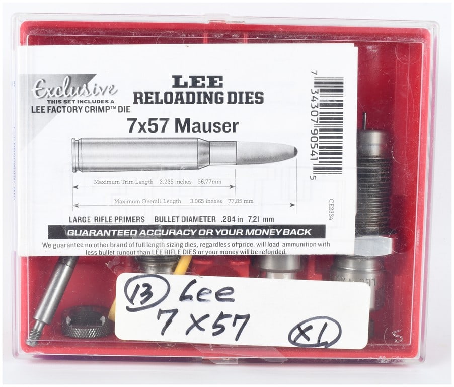 Lee Pacesetter 3-Die Reloading Set 7x57 Mauser: This Lee Pacesetter 3-die reloading set for 7x57 Mauser is housed in a red plastic storage case with a clear lid. The set consists of three steel dies including a full-length sizing die, a bullet seat