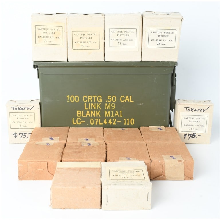 A Lot of 1150 Rounds of Romanian Military Surplus 7.62x25mm Tokarev Ammunition: This lot consists of 1150 rounds of 7.62x25mm Tokarev ammunition manufactured by Romanian state arsenals in the early 1950s. The ammunition is contained within 16 individual paper-wrapped and