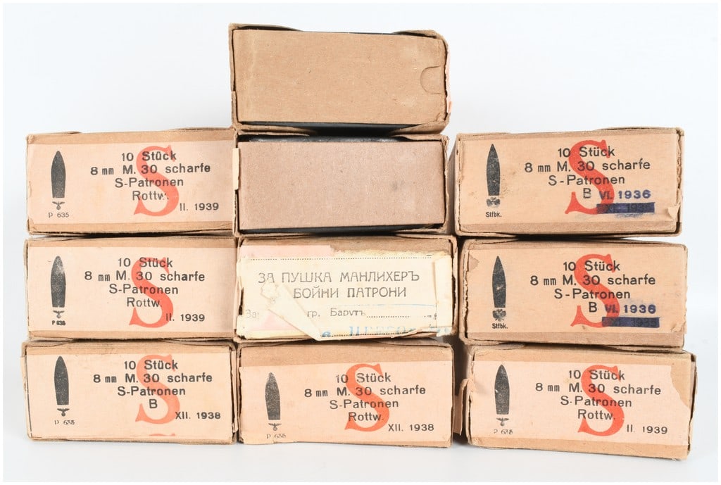 Gustloff-Werke Hirtenberg Mannlicher M.30 S-Patronen 8x56mmR 100 Rounds Of 8mm Mauser Ammunition: This lot features 100 Rounds Of 8mm Mauser Ammunition, specifically the 8x56mmR rimmed cartridge intended for the Mannlicher M.30 and M.35 rifles, comprised of ten original cardboard boxes and two