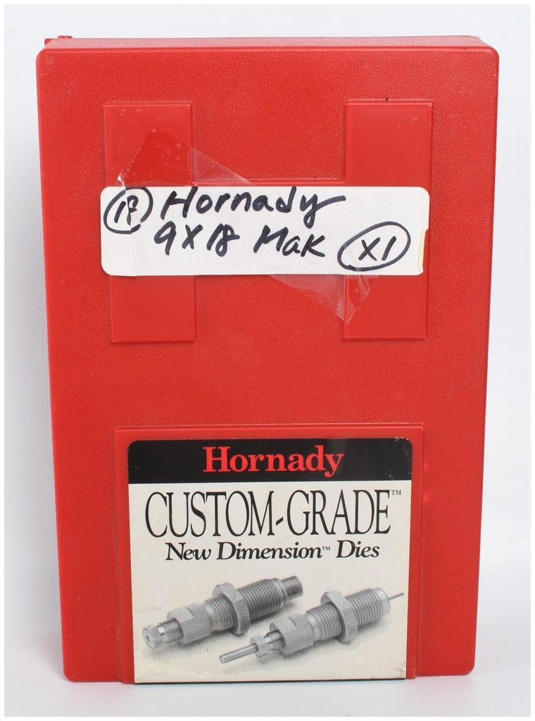 Hornady Custom-Grade New Dimension Three-Die Set 9x18 Makarov: This Hornady Custom-Grade New Dimension three-die set is chambered for the 9x18 Makarov cartridge and is designed for use in standard metallic cartridge reloading. The Series III set, cataloged as