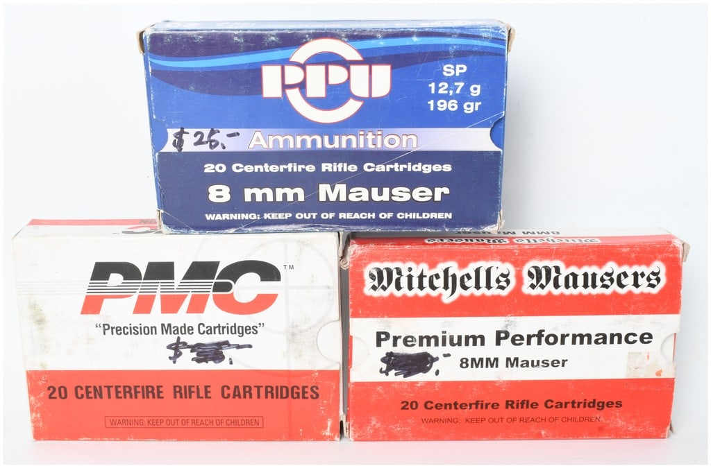 A Lot of 60 Rounds of PPU PMC and Mitchells Mausers 8mm Mauser Ammunition: This lot consists of 60 rounds of 8mm Mauser (7.92x57mm) centerfire rifle ammunition from multiple manufacturers. The collection includes one box of PPU (Prvi Partizan) 196-grain soft point ammunition