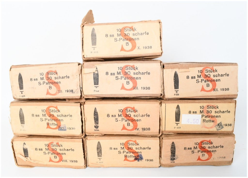 A Lot of 100 Rounds of Austrian and German M.30 S-Patronen Ammunition 8x56mmR 1938: This lot consists of 100 rounds of 8mm Mauser ammunition, specifically the Austrian and German 8x56mmR M.30 scharfe S-Patronen variety manufactured in 1938. The collection is comprised of ten original