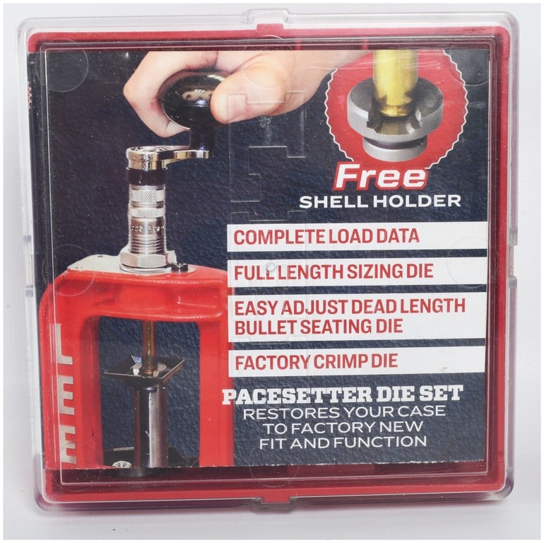 Lee Pacesetter Three-Die Reloading Set .303 British: This Lee Pacesetter three-die reloading set for .303 British ammunition is housed in its original red plastic storage case with a transparent lid. The set includes three precision-machined steel dies: