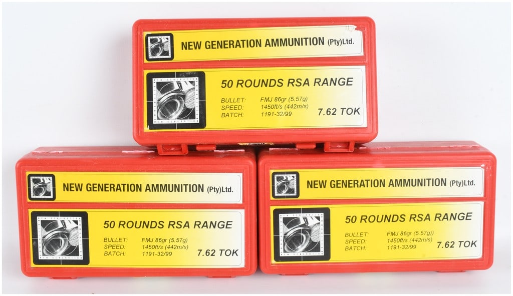 Three Boxes of New Generation Ammunition RSA Range 7.62 Tokarev FMJ Ammunition 150 Rounds: A trio of factory-packaged 7.62x25mm Tokarev ammunition boxes from New Generation Ammunition (Pty) Ltd., totaling 150 rounds. This South African manufactured RSA RANGE ammunition is loaded with 86-gra