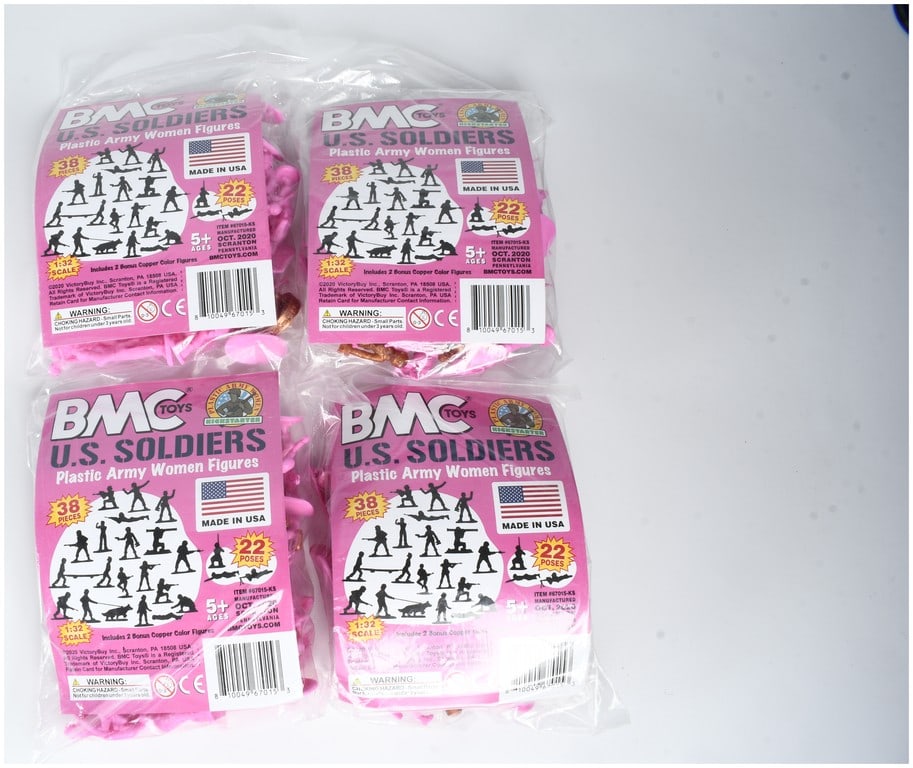 Four BMC Toys U.S. Soldiers Army Women Figure Sets: This lot features four unopened packages of army women figures produced by BMC Toys (VictoryBuy Inc.). These figures are part of the collector series and include a Kickstarter logo on the packaging. E