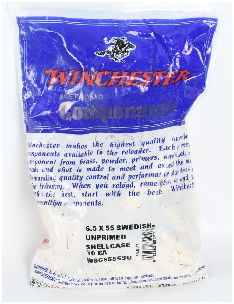 50 Winchester 6.5 x 55mm Swedish Unprimed Brass Shellcases: This lot consists of a factory-sealed bag of Winchester metallic components designed for reloading. The package contains 50 unprimed brass shellcases for the 6.5 x 55mm Swedish caliber. The clear plas