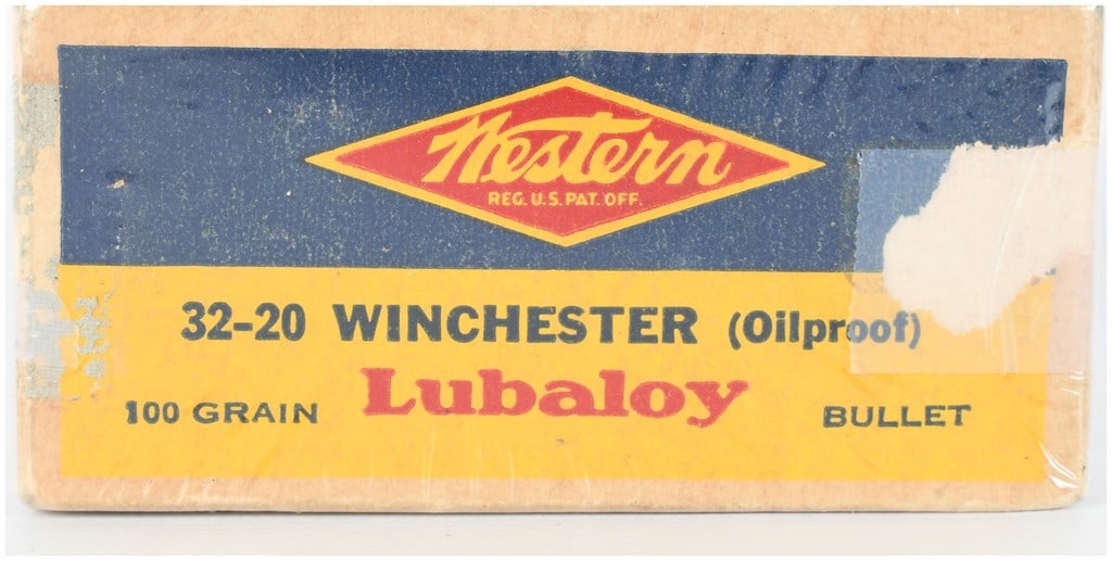Western .32-20 Winchester Lubaloy 100 Grain Ammunition A Lot of 50 Rounds: A lot of 50 rounds of Western brand .32-20 Winchester centerfire ammunition featuring 100-grain Lubaloy bullets with the Oilproof designation. The cartridges are loaded with smokeless powder and non-c