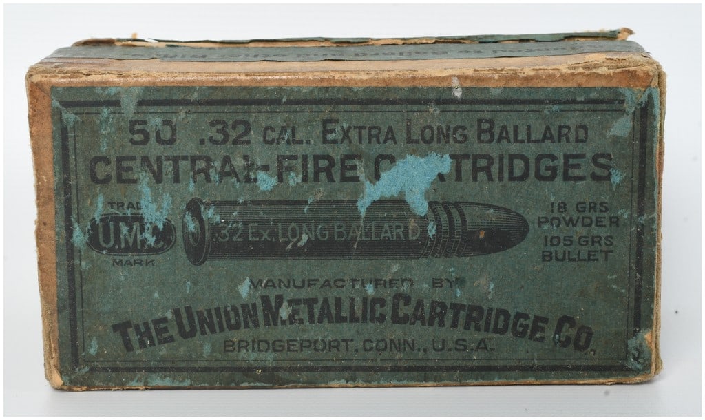 A Lot of 33 Union Metallic Cartridge Co. .32 Caliber Extra Long Ballard Central-Fire Cartridges: This lot consists of an original two-piece cardboard box containing 33 rounds of .32 Caliber Extra Long Ballard central-fire ammunition manufactured by The Union Metallic Cartridge Co. of Bridgeport, 