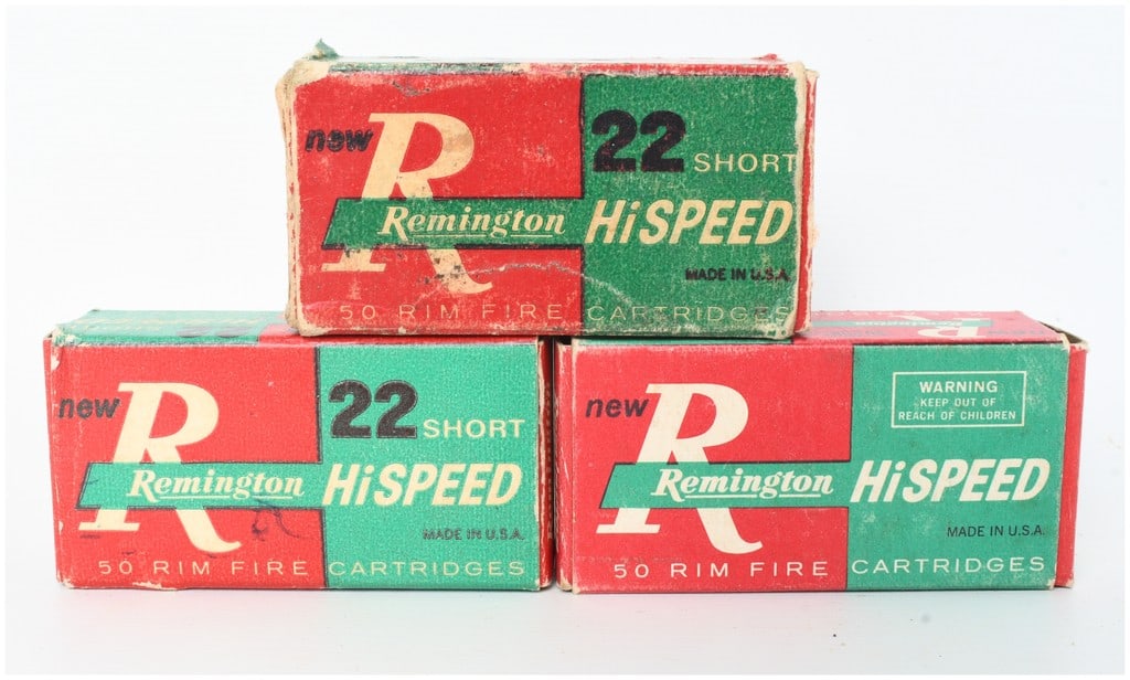 A Lot of 128 Rounds of Remington Hi-Speed Kleanbore Rimfire Ammunition .22 Short: This lot features a total of 128 rounds of Remington .22 Short rimfire ammunition housed in three original two-piece cardboard boxes. The group consists of two full boxes of 50 rounds each and one par