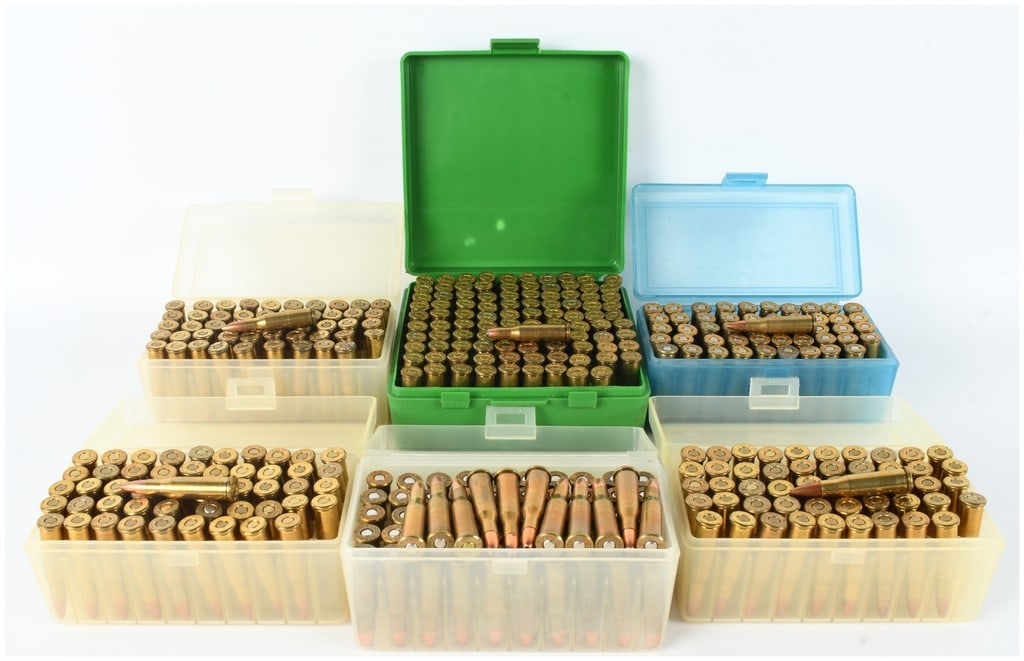 A Lot of 361 Rounds of Remanufactured .218 Bee Ammunition: This lot comprises 361 rounds of remanufactured .218 Bee centerfire rifle ammunition housed in six plastic flip-top storage boxes of varying colors, including translucent white, green, and blue. The a