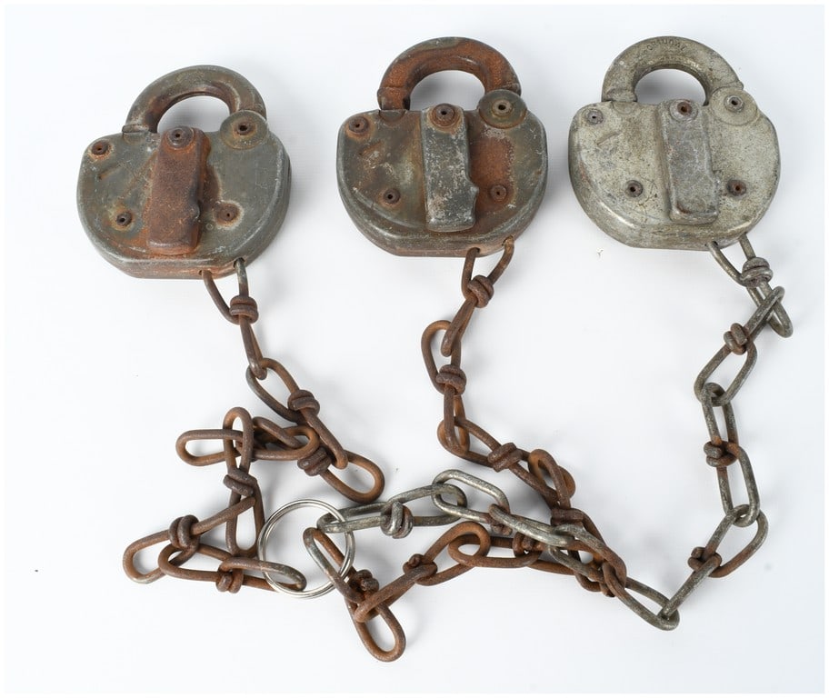 Three Portuguese Cast Iron Railroad Style Padlocks with Interconnected Chains and Central Ring (1 of 6)
