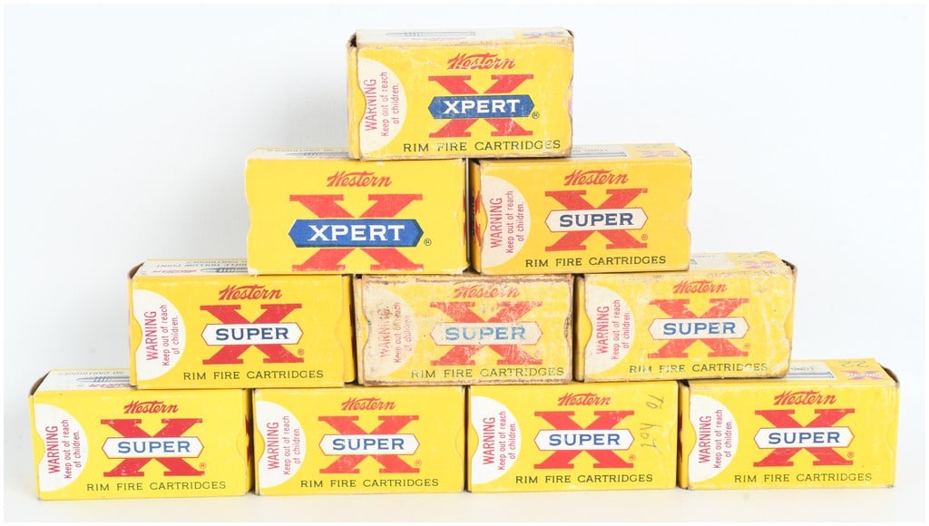 A Lot of 467 Rounds of Western Xpert and Super-X Rimfire Ammunition .22 Long and .22 Long Rifle: This lot comprises a total of 467 rounds of rimfire ammunition from the Western brand distributed across ten original cardboard boxes. The collection features two boxes of Western Xpert .22 Long Rifle
