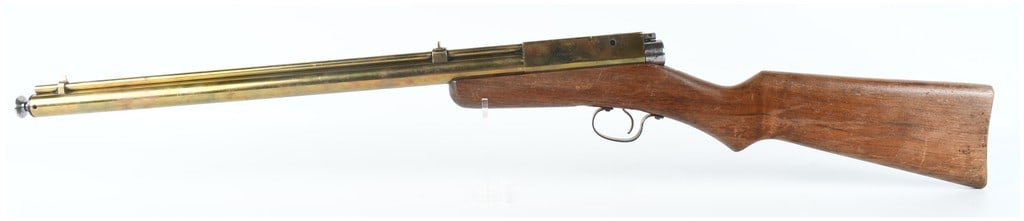 Benjamin Model No. 700 Multi-Pump Pneumatic Repeating Air Rifle .177 Caliber: This Benjamin Air Rifle Co. Model No. 700 is a multi-pump pneumatic, gravity-fed repeating air rifle chambered for .177 caliber (BB) projectiles. It features a dual-tube barrel assembly with a pull-pu