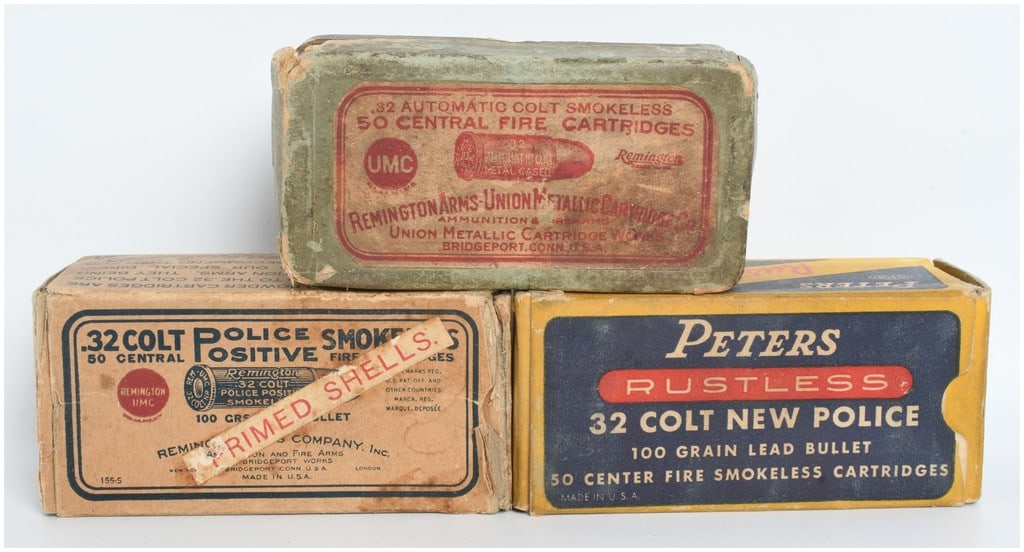 A Lot of 100 Rounds and 50 Primed Shells Remington and Peters .32 Caliber Ammunition: This lot consists of three separate boxes of .32 caliber ammunition and components, including a total of 100 centerfire cartridges and 50 empty primed brass shells. The first is a green two-piece box 