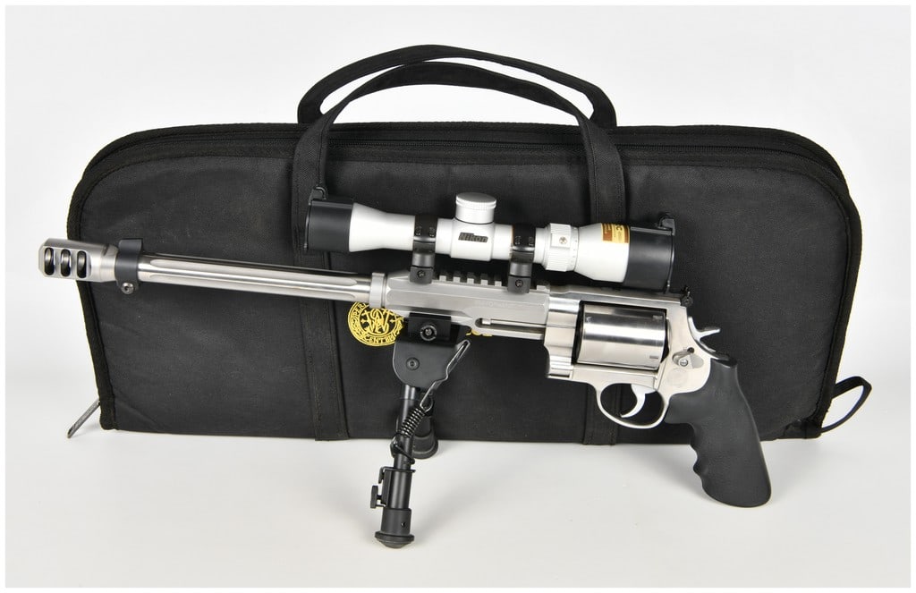 Smith & Wesson Model 460XVR Performance Center Double Action Revolver .460 S&W Magnum with 14 Inch: This Smith & Wesson Model 460XVR Performance Center is a large-frame double action revolver chambered in .460 S&W Magnum, specifically configured for long-range hunting. It features a 14 inch fluted s
