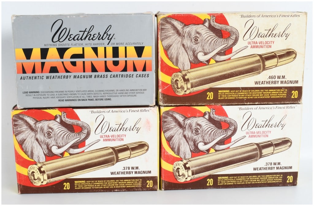 A Lot of 70 Weatherby Magnum 30 Live Rounds and 40 Empty Brass Casings for Reloading: This lot features a group of 70 Weatherby Magnum ammunition components, consisting of 30 live rounds and 40 empty brass casings for reloading. The items are stored in four separate Weatherby boxes: on