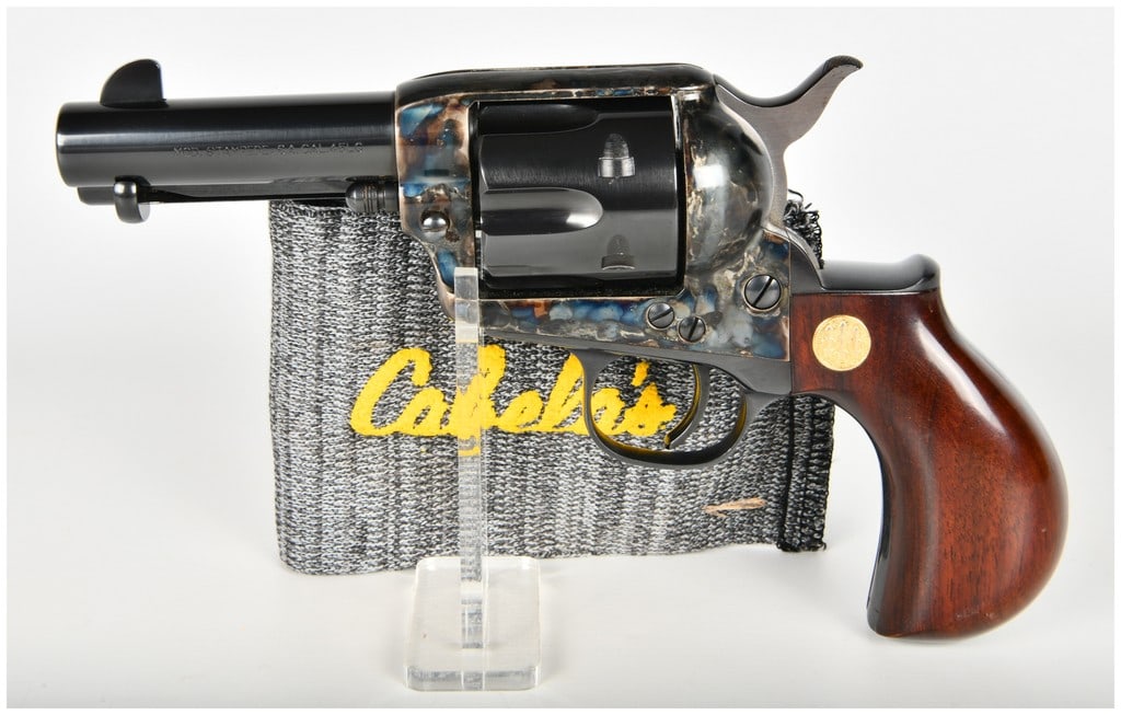 Beretta Stampede Single Action Revolver .45 LC with 3.5 Inch Barrel: This Beretta Stampede single action revolver is chambered in .45 Long Colt (.45 LC) and is configured with a 3.5 inch barrel. The firearm features a deep blued finish on the barrel and cylinder, compl