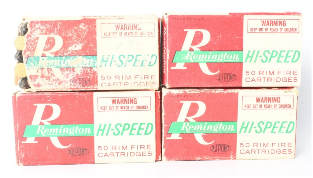 Remington Hi-Speed Kleanbore .22 Caliber Rimfire Ammunition Lot of 200 Rounds: This lot consists of a total of 200 rounds of Remington rimfire ammunition, comprised of four individual 50-round boxes. The collection includes two boxes of .22 Long Rifle Shot cartridges and two box