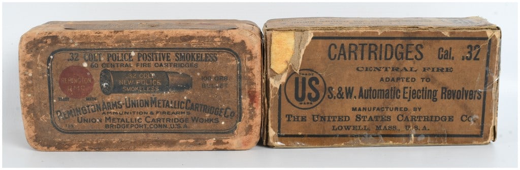 A Lot of 100 Rounds of .32 Caliber Ammunition by Remington-UMC and United States Cartridge Co: This lot features 100 rounds of collectible .32 caliber ammunition housed in two original cardboard boxes from prominent American manufacturers. The first is a two-piece box from the Remington Arms-Un