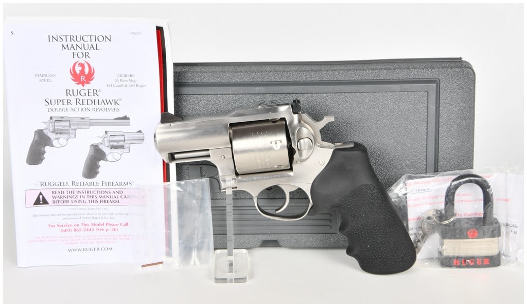 Ruger Super Redhawk Alaskan Double Action Revolver .454 Casull and .45 Colt with 2.5 Inch Barrel: This Ruger Super Redhawk Alaskan is a robust double-action revolver chambered for the high-pressure .454 Casull and .45 Colt cartridges. It features a heavy satin stainless steel frame with a 2.5-inch
