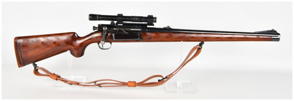 Springfield Armory Model 1898 Krag-Jorgensen Bolt Action Sporterized Rifle .30-40 Krag: This is a custom sporterized rifle based on a U.S. Springfield Armory Model 1898 Krag-Jorgensen action chambered in .30-40 Krag. The firearm features a blued barrel equipped with a ramped front sight 