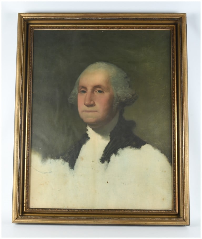 After Gilbert Stuart, George Washington Athenaeum Portrait reproduction on panel: This item is a 20th-century reproduction of the 1796 unfinished Athenaeum portrait of George Washington by Gilbert Stuart. The work consists of a color print, likely a lithograph or photogravure, on a