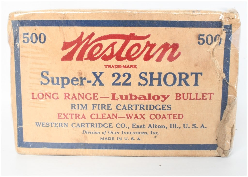 A Lot of 500 Western Super-X .22 Short Rimfire Cartridges: This lot features a full brick of 500 Western Super-X .22 Short rimfire cartridges. These long-range cartridges are loaded with Lubaloy bullets that are plated by a patented process and finished with 