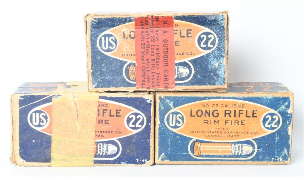 United States Cartridge Co. 22 NRA Long Rifle Lesmok Ammunition .22 LR: This lot consists of 150 rounds of rimfire ammunition contained within three original 50-count cardboard boxes manufactured by the United States Cartridge Co. of Lowell, Massachusetts. The collection 