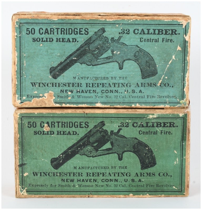 Winchester .32 S&W Centerfire Ammunition 100 Rounds Antique: This lot features 100 rounds of .32 caliber centerfire ammunition manufactured by the Winchester Repeating Arms Co. of New Haven, Connecticut. The cartridges are contained in two original two-piece gr