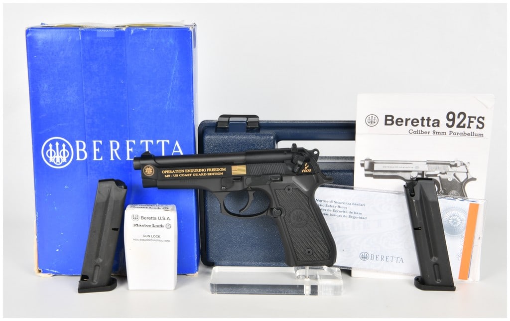 Beretta M9/92FS US Coast Guard Edition Semi-Automatic Pistol 9mm Parabellum: This Beretta M9/92FS is a limited-release semi-automatic pistol chambered in 9mm Parabellum, specifically designated as the Operation Enduring Freedom - US Coast Guard Edition. The firearm is presente