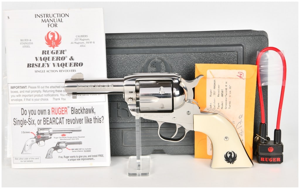 Ruger Vaquero Single Action Revolver .357 Magnum with 4.62 Inch Barrel: This Ruger Vaquero is a single-action revolver chambered for .357 Magnum cartridges. The firearm features a 4.62 inch barrel equipped with a fixed blade front sight and an integral frame notch rear si