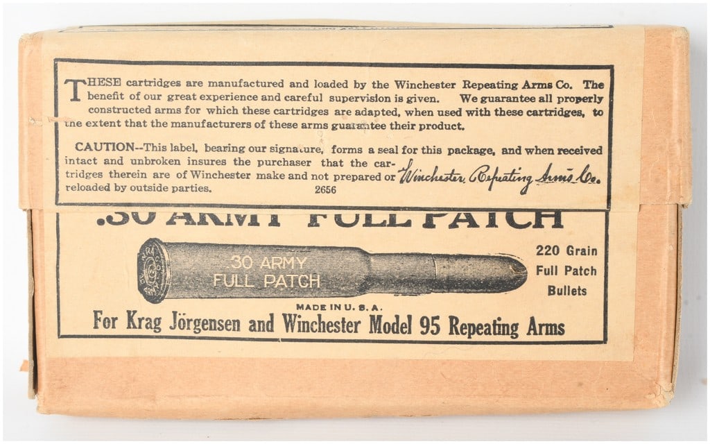 Winchester .30 Army Full Patch Ammunition .30 Army 1930: A lot of 20 vintage Winchester .30 Army centerfire cartridges, also known as .30-40 Krag, featuring 220-grain Full Patch round-nose bullets. These smokeless cartridges were manufactured in August 1930