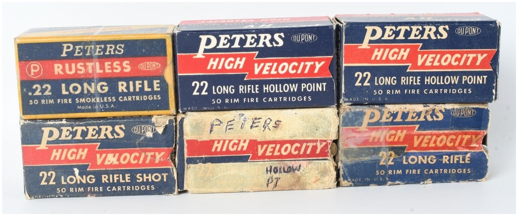 A Lot of 258 Rounds of Peters .22 Long Rifle Ammunition: This lot consists of a collection of 258 rounds of .22 Long Rifle caliber rimfire ammunition manufactured by Peters. The ammunition is contained within six individual cardboard boxes representing vari