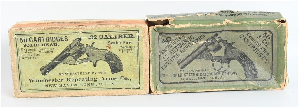 A Lot of 62 Rounds of .32 S&W Caliber Centerfire Ammunition: This lot consists of 62 rounds of .32 S&W caliber centerfire ammunition divided between two vintage period boxes. The first is a Winchester Repeating Arms Co. box from New Haven, Conn., featuring a gr