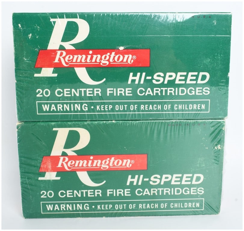 A Lot of 40 Rounds of Remington Hi-Speed 444 Marlin Ammunition: This lot consists of forty rounds of centerfire ammunition chambered in .444 Marlin, featuring 240-grain soft point bullets. The cartridges are divided between two original green and white cardboard b