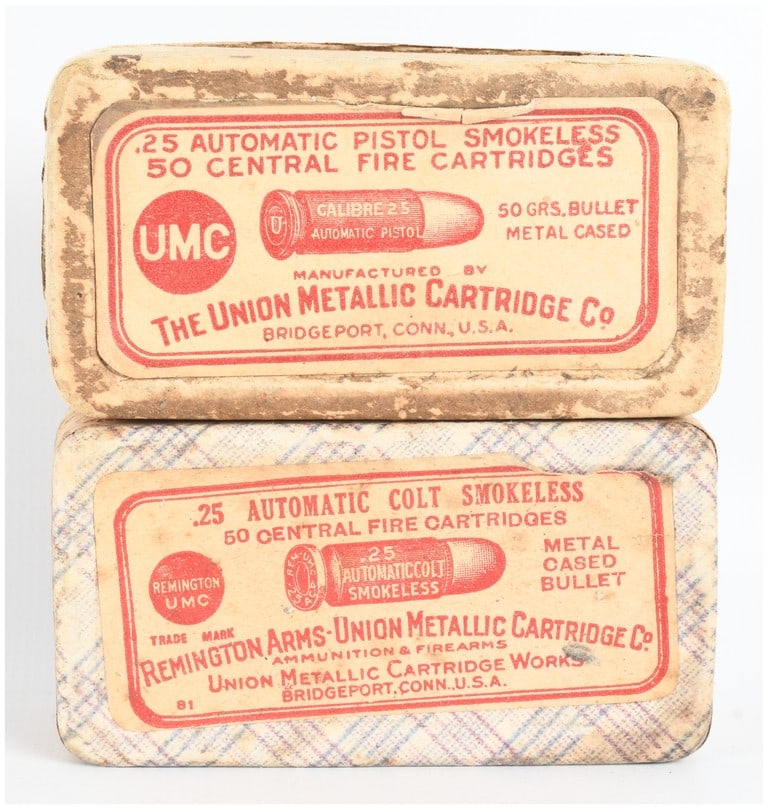 A Lot of 100 Rounds of Union Metallic Cartridge Co. and Remington-UMC .25 ACP Ammunition: This lot consists of 100 rounds of .25 caliber ammunition housed in two vintage two-piece cardboard boxes. The first box is labeled for The Union Metallic Cartridge Co of Bridgeport, Connecticut, and 